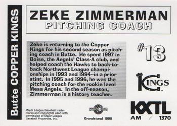 1999 Grandstand Butte Copper Kings #NNO Zeke Zimmerman Back