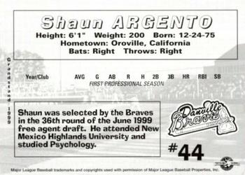 1999 Grandstand Danville Braves #NNO Shaun Argento Back
