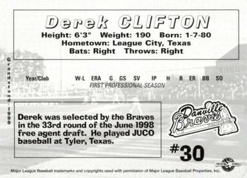 1999 Grandstand Danville Braves #NNO Derek Clifton Back