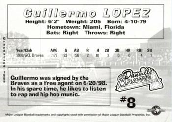 1999 Grandstand Danville Braves #NNO Guillermo Lopez Back