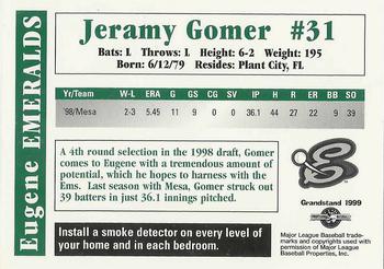 1999 Grandstand Eugene Emeralds #NNO Jeramy Gomer Back