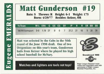 1999 Grandstand Eugene Emeralds #NNO Matt Gunderson Back