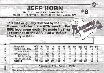 1999 Grandstand Greenville Braves #NNO Jeff Horn Back