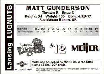 1999 Grandstand Lansing Lugnuts #NNO Matt Gunderson Back