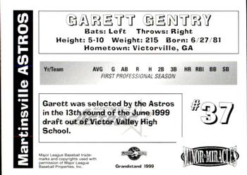 1999 Grandstand Martinsville Astros #NNO Garett Gentry Back