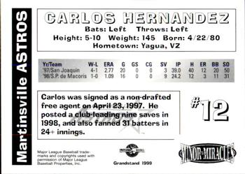 1999 Grandstand Martinsville Astros #NNO Carlos Hernandez Back