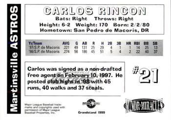 1999 Grandstand Martinsville Astros #NNO Carlos Rincon Back