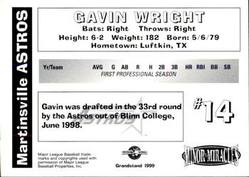 1999 Grandstand Martinsville Astros #NNO Gavin Wright Back
