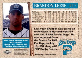 1999 Grandstand Portland Sea Dogs #NNO Brandon Leese Back