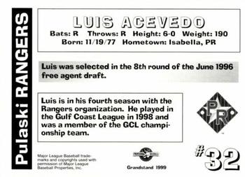 1999 Grandstand Pulaski Rangers #NNO Luis Acevedo Back