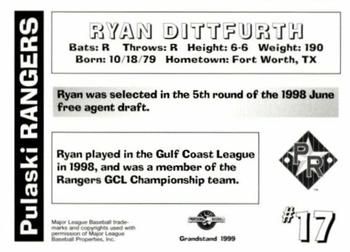 1999 Grandstand Pulaski Rangers #NNO Ryan Dittfurth Back
