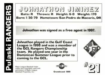 1999 Grandstand Pulaski Rangers #NNO Jonathan Jiminez Back