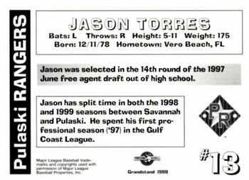 1999 Grandstand Pulaski Rangers #NNO Jason Torres Back