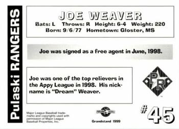 1999 Grandstand Pulaski Rangers #NNO Joe Weaver Back