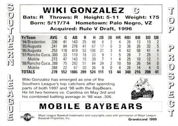 1999 Grandstand Southern League Top Prospects #NNO Wiki Gonzalez Back
