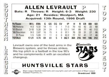 1999 Grandstand Southern League Top Prospects #NNO Allen Levrault Back