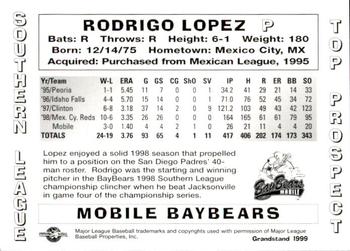 1999 Grandstand Southern League Top Prospects #NNO Rodrigo Lopez Back