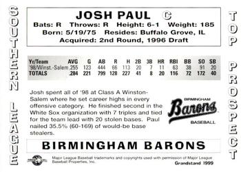1999 Grandstand Southern League Top Prospects #NNO Josh Paul Back