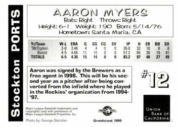 1999 Grandstand Stockton Ports #NNO Aaron Myers Back
