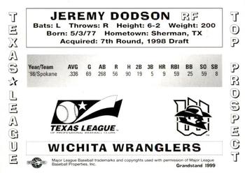 1999 Grandstand Texas League Top Prospects #NNO Jeremy Dodson Back