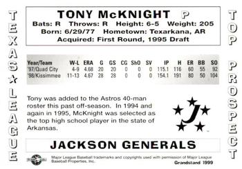 1999 Grandstand Texas League Top Prospects #NNO Tony McKnight Back
