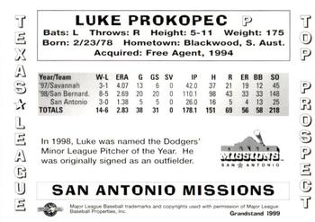 1999 Grandstand Texas League Top Prospects #NNO Luke Prokopec Back