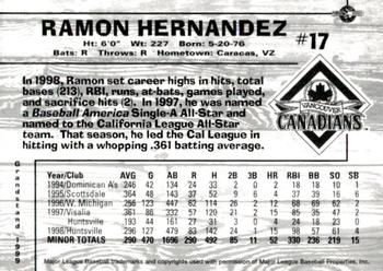 1999 Grandstand Vancouver Canadians #NNO Ramon Hernandez Back