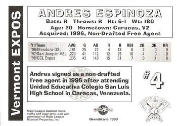 1999 Grandstand Vermont Expos #NNO Andres Espinoza Back