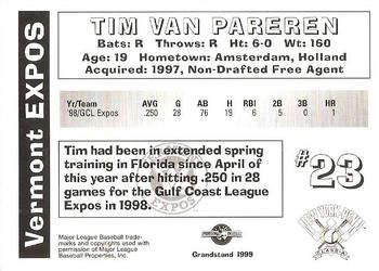 1999 Grandstand Vermont Expos #NNO Tim Van Pareren Back