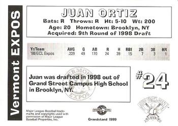 1999 Grandstand Vermont Expos #NNO Juan Ortiz Back