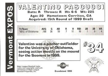 1999 Grandstand Vermont Expos #NNO Valentino Pascucci Back
