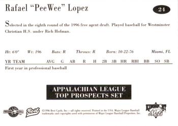 1996 Best Appalachian League Top Prospects #24 Rafael Pee Wee Lopez Back