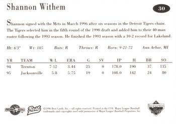 1996 Best Binghamton Mets #30 Shannon Withem Back