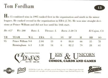 1996 Best Birmingham Barons #13 Tom Fordham Back