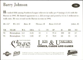 1996 Best Birmingham Barons #16 Barry Johnson Back