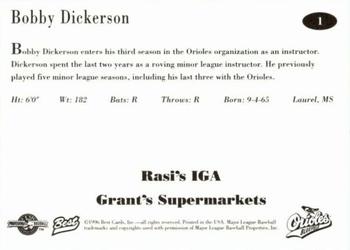 1996 Best Bluefield Orioles #1 Bobby Dickerson Back