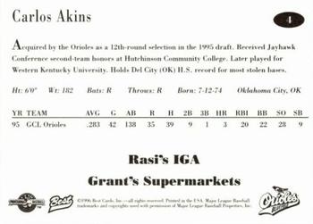 1996 Best Bluefield Orioles #4 Carlos Akins Back