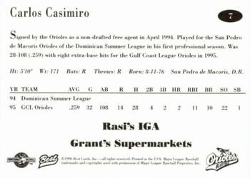 1996 Best Bluefield Orioles #7 Carlos Casimiro Back