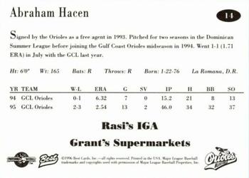 1996 Best Bluefield Orioles #14 Abraham Hacen Back