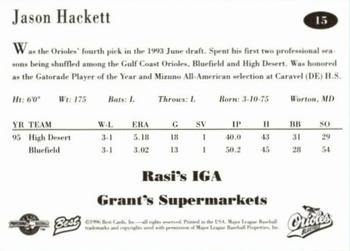 1996 Best Bluefield Orioles #15 Jason Hackett Back