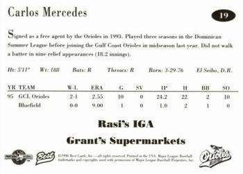 1996 Best Bluefield Orioles #19 Carlos Mercedes Back