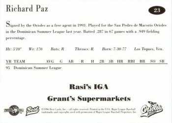 1996 Best Bluefield Orioles #23 Richard Paz Back