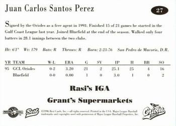 1996 Best Bluefield Orioles #27 Juan Carlos Santos Back