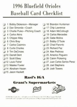 1996 Best Bluefield Orioles #30 Checklist Back