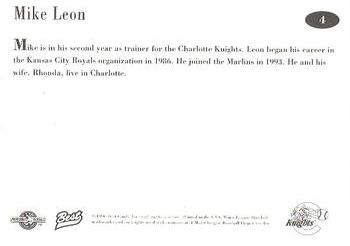1996 Best Charlotte Knights #4 Mike Leon Back