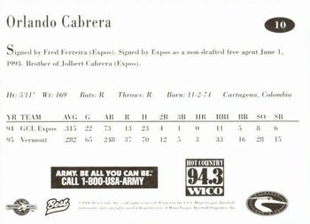 1996 Best Delmarva Shorebirds #10 Orlando Cabrera Back