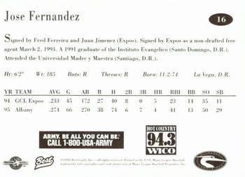 1996 Best Delmarva Shorebirds #16 Jose Fernandez Back