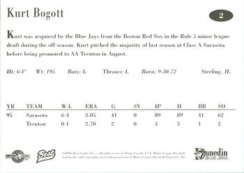 1996 Best Dunedin Blue Jays #2 Kurt Bogott Back