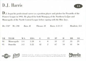 1996 Best Dunedin Blue Jays #13 D.J. Harris Back