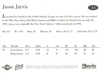 1996 Best Dunedin Blue Jays #14 Jason Jarvis Back